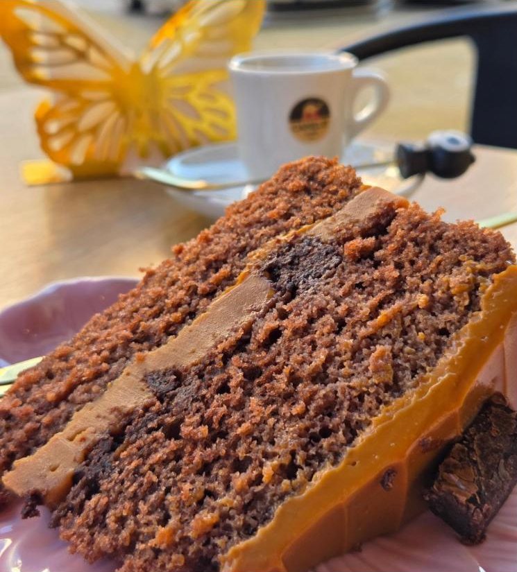 Fatia de torta de chocolate com recheio de doce de leite